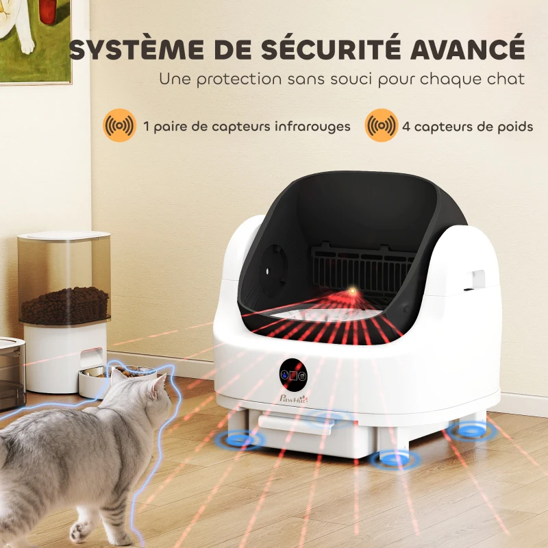 PawHut Litière chat autonettoyante bac à litière pour chat automatique ouvert isolation des odeurs/protection de sécurité blanc