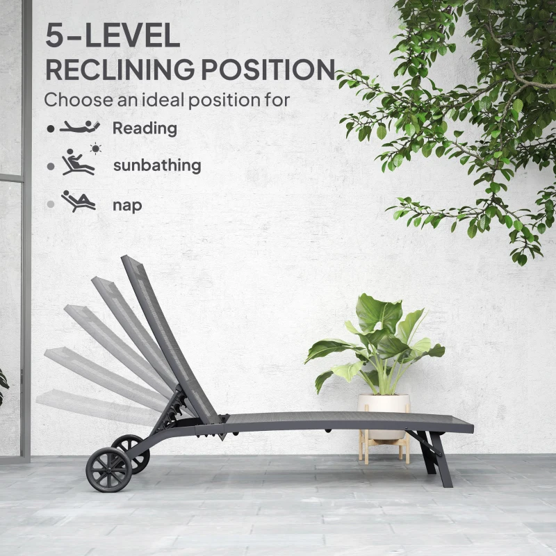 Outsunny Leżak ogrodowy z kółkami, regulowane oparcie, aluminiowy