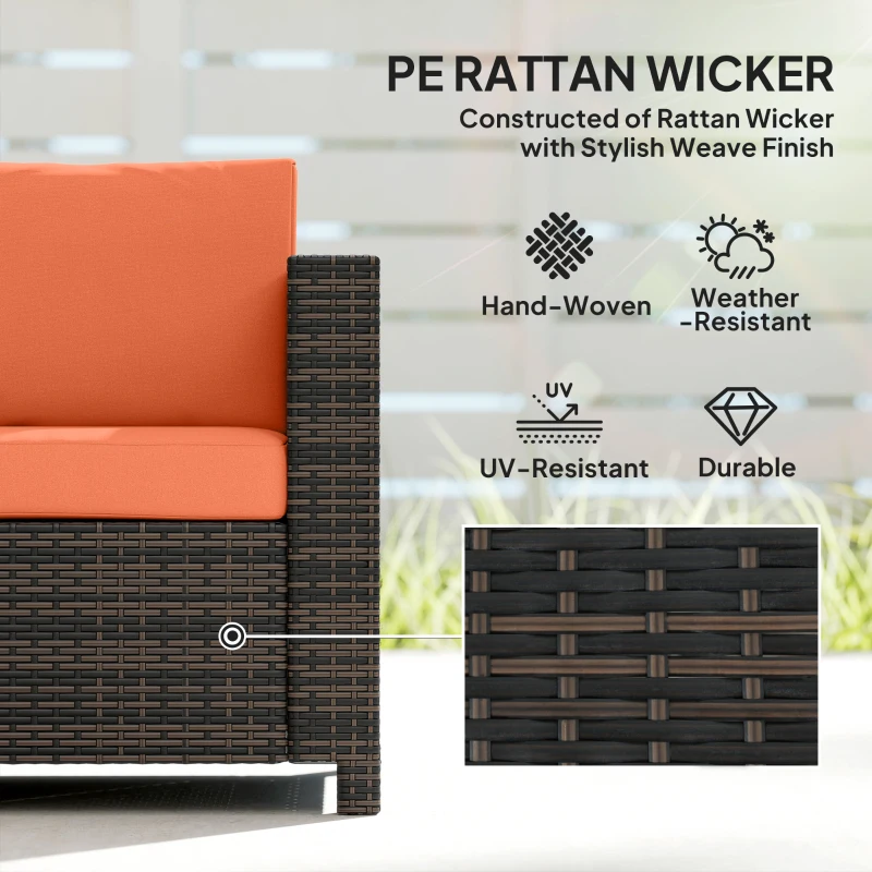 Outsunny 3 Seater Rattan Sofa All-Weather Wicker Weave Metal Frame Chair with Fire Resistant Cushio-Orange