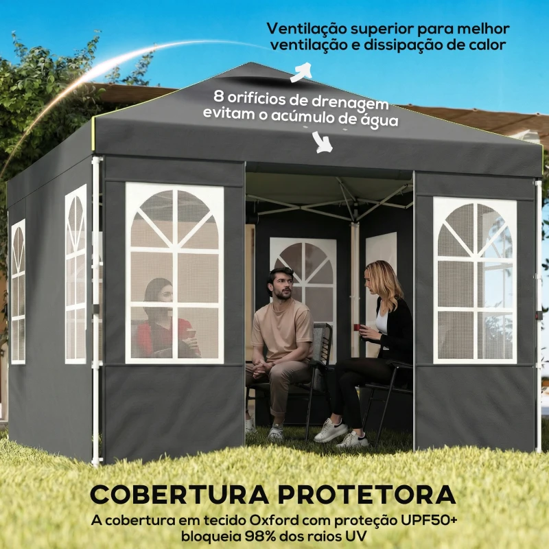 Outsunny Tenda Dobrável 3x3 m Pop-up com UPF50+, 4 Laterais Removíveis, Altura Ajustável e Bolsa de Transporte - Cinzento Escuro