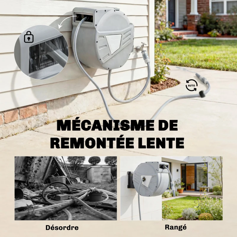Outsunny Enrouleur Tuyau Arrosage Mural 40+2 m x Ø 15mm, Dévidoir de Tuyaux d'Eau Rétractable Automatique Pivotant à 180°, Gris