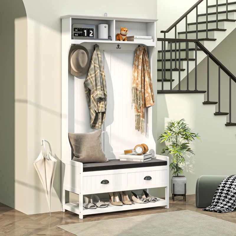 HOMCOM 2 w 1 wieszak na ubrania, wieszak na ubrania z 4 wieszakami, garderoba z ławką na buty i półkami, wieszak na ubrania z zabezpieczeniem antyprzechyleniowym, do przedpokoju, korytarza, sypialni, biały + szary