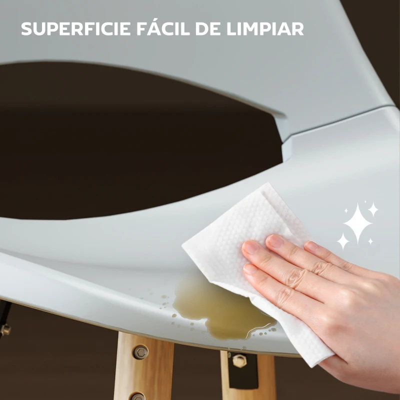 HOMCOM Pack de 2 Sillas de Comedor de Plástico con Respaldo Curvado y Patas de Madera de Caucho Gris