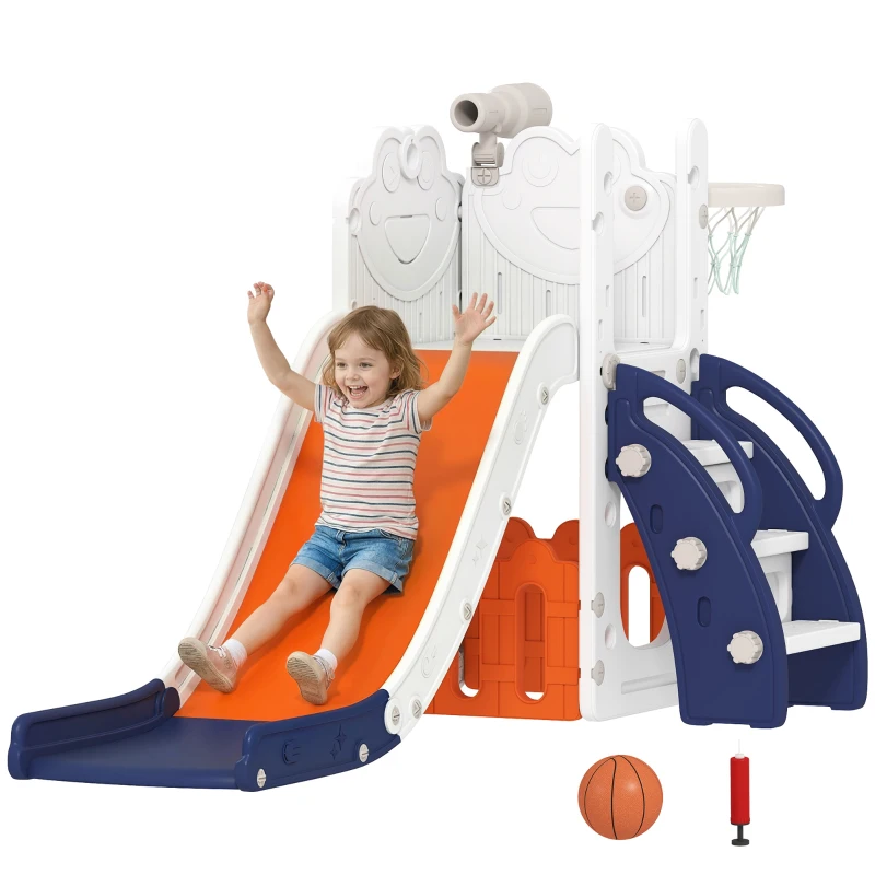 AIYAPLAY 5 in 1 Kids Slide Set with Basketball Hoop, Climbing Frame, Telescope, Storage Box for Toddlers Ages 1-3, Orange