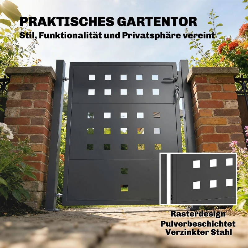 Outsunny Tuinhek van Gegalvaniseerd Staal Metalen Tuindeur met Handgreep, Slot en 3 Sleutels, Afsluitbaar Hek 105x130 cm Donkergrijs