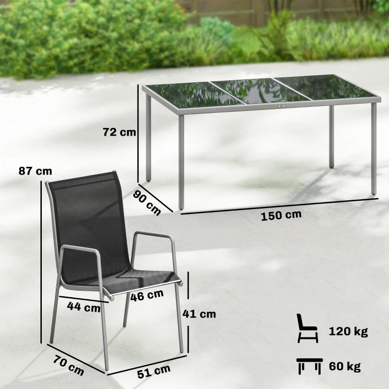 Outsunny Tuinmeubelset 7-delig 150 x 90 cm tafel met 6 ademende stoelen, gehard glazen tafelblad
