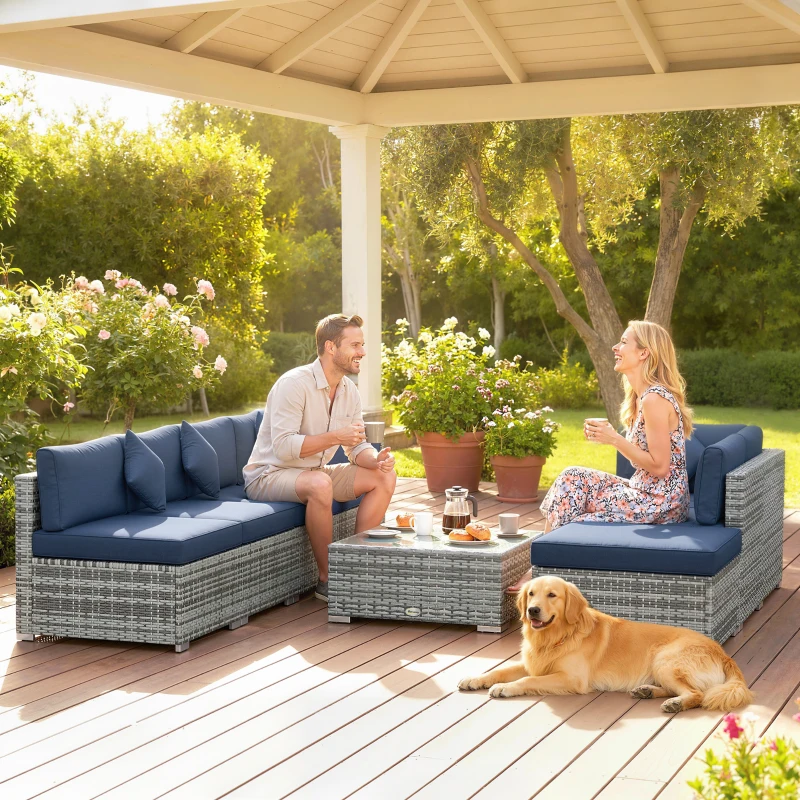 Outsunny 8 Pieces PE Rattan Corner Sofa Set, Outdoor Garden Furniture Set, Patio Wicker Sofa Seater w/ Cushion, Dark Blue
