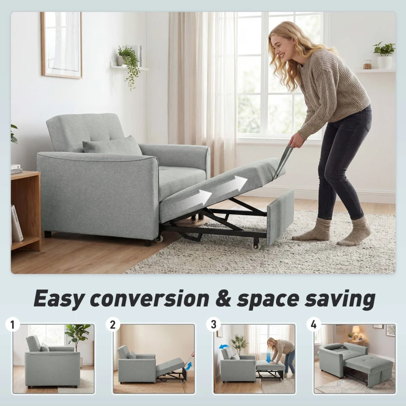 HOMCOM 3-w-1 Fotel z Funkcją Łóżka, Rozkładany Fotel Sofa z Regulowanym Oparciem, Szary