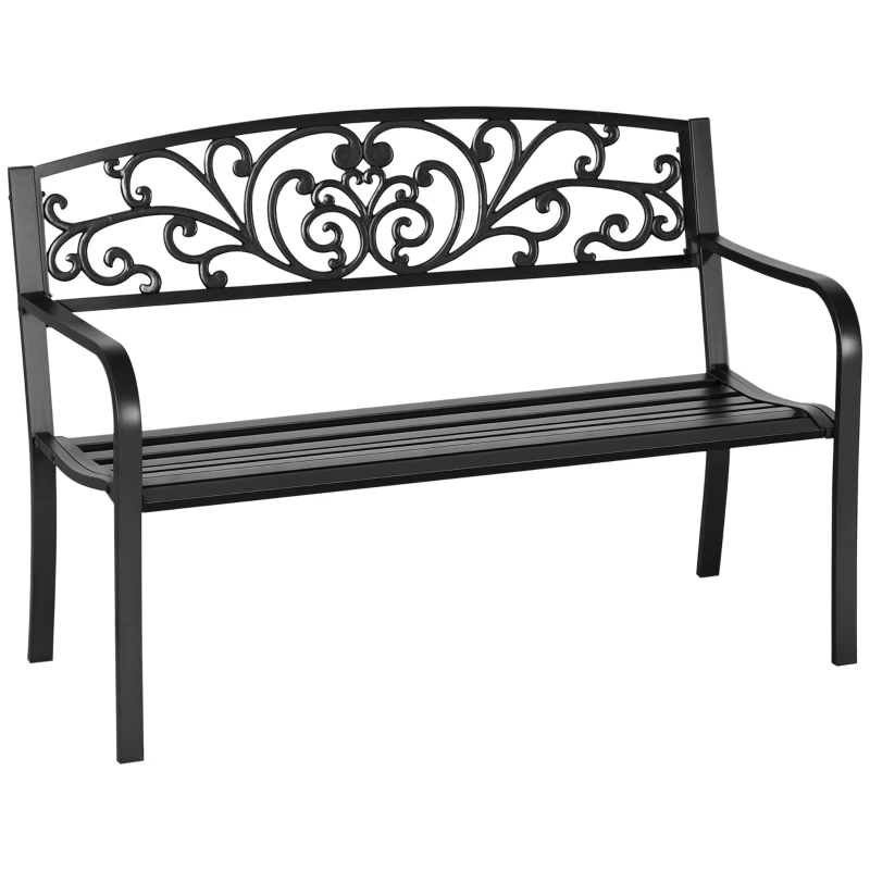 Outsunny Ławka Ogrodowa Metalowa z Wzornictwem Kwiatowym, 2-osobowa, Nośność 240 kg, Stal, 127D x 60S x 87W cm, Czarny