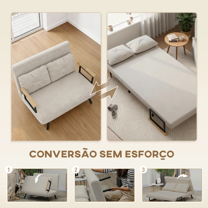 HOMCOM Sofá Cama Sofá Convertível em Cama de 2 Lugares Dobrável com Encosto Ajustável em 5 Níveis e 2 Almofadas 102x73x81 cm Bege