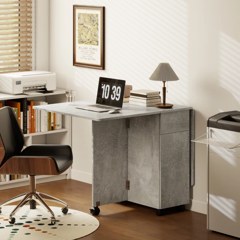HOMCOM Table Pliante avec Rallonges, Tiroirs, 6 Roulettes, Gris Ciment