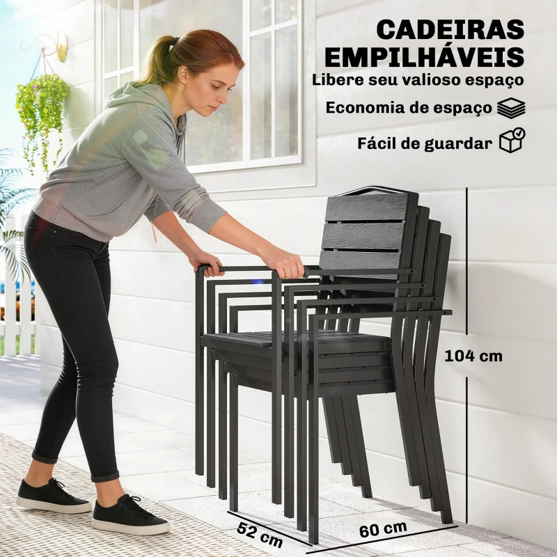 Outsunny Conjunto de 4 Cadeiras de Jardim Empilháveis para Exterior com Apoios de Braços Encosto e Assento Estrutura Metálica 52x51x90 cm Preto