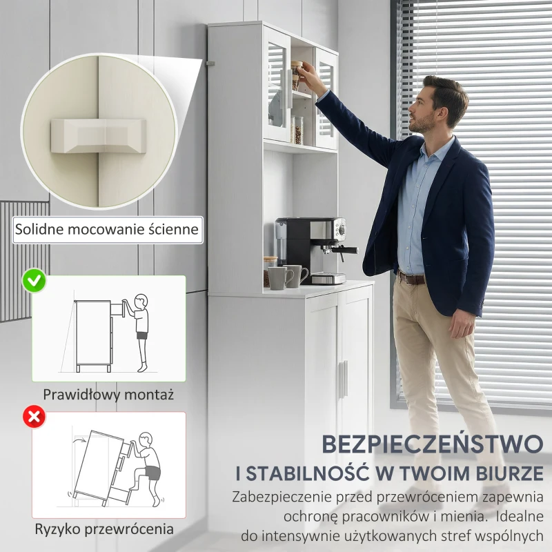 HOMCOM Szafka kuchenna, Design skandynawski, 4 szafki, Regulowane półki, Drzwi ze szkła, Otwarta przestrzeń, Płyta wiórowa, MDF, Biały(m-8)