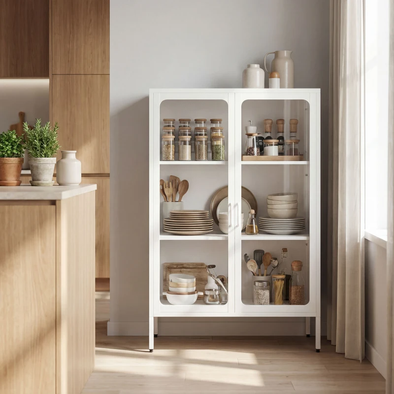 HOMCOM Mobile Portadocumenti in Acciaio con 2 Ante in Vetro e Ripiani Regolabili, 80x40x110 cm, Bianco