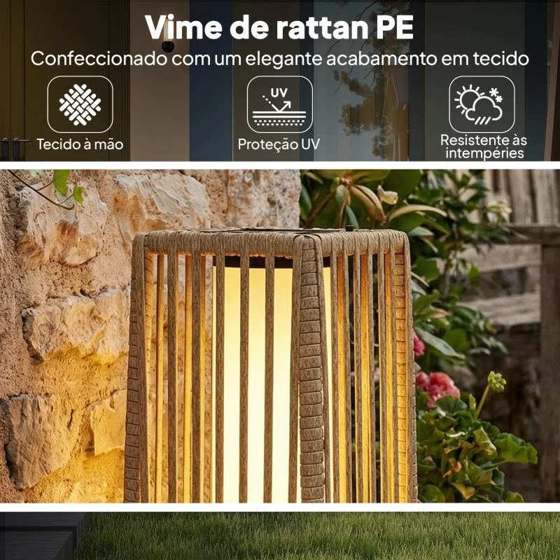 Outsunny Candeeiro Solar de Jardim em Vime com Luz LED Automática, Impermeável IP44, 19x19x68 cm, Cor Areia