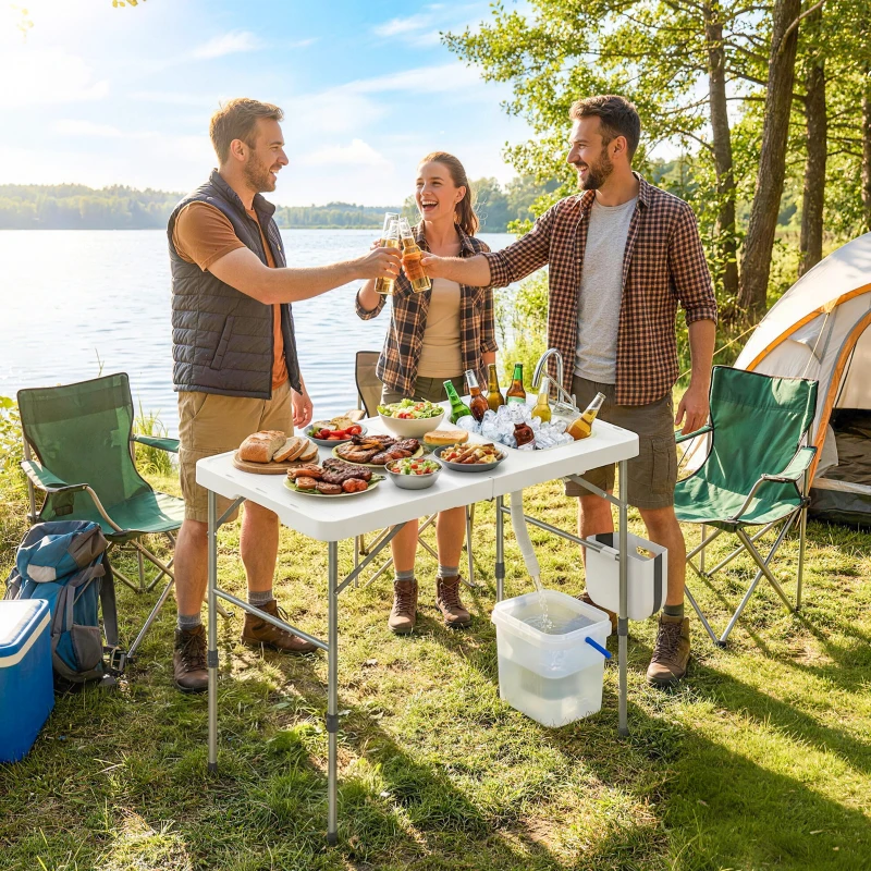 Outsunny Mesa Dobrável de Limpeza de Peixe com Altura Ajustável Pia Torneira Mangueira Cesto Dobrável Ranhuras e Bolsa