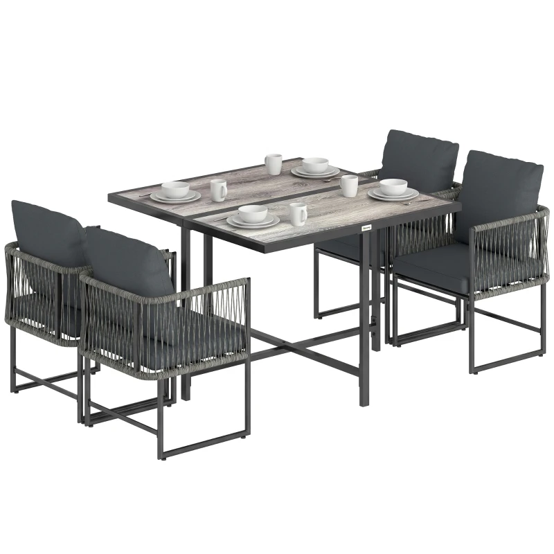 Outsunny Conjunto de Móveis de Jardim em Polirratã 5 peças Economiza Espaço com Mesa e 4 Cadeiras Tampo DPC Almofadas Cinza