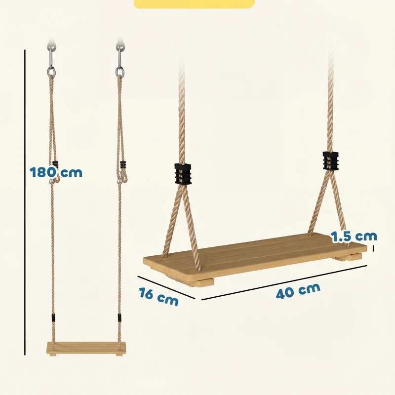 AIYAPLAY Wooden Swing Seat, Kids Swing Set with Adjustable Rope and Tree Straps, Outdoor Playground Playset for Kids