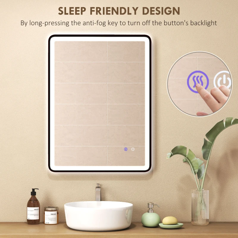 HOMCOM LED Lustro łazienkowe z funkcją przeciwmgielną, lustro do makijażu z oświetleniem, 80 x 60 cm, czarna rama