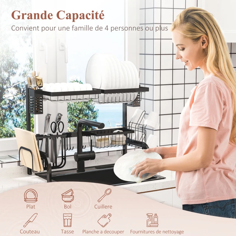 HOMCOM Égouttoir à vaisselle au-dessus de l'évier, séchoir à vaisselle 2 niveaux, modulables en acier 81,5 x 31,5 x 53,5cm noir