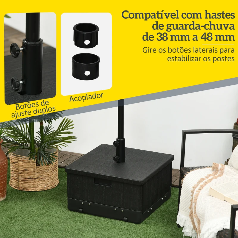 Outsunny Base para Chapéu de Sol  Exterior 3 em 1 Mesa Auxiliar Vaso com Drenagem Recarregável com Areia 80 kg Preto