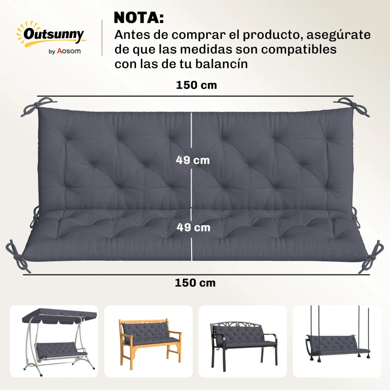 Outsunny Cojín para Banco de Jardín con Respaldo, 150x98x8 cm, Colchón de Banco de 3 Plazas para Interior y Exterior con Relleno Grueso y Cintas de Sujeción, para Columpio, Terraza, Balcón Gris Oscuro