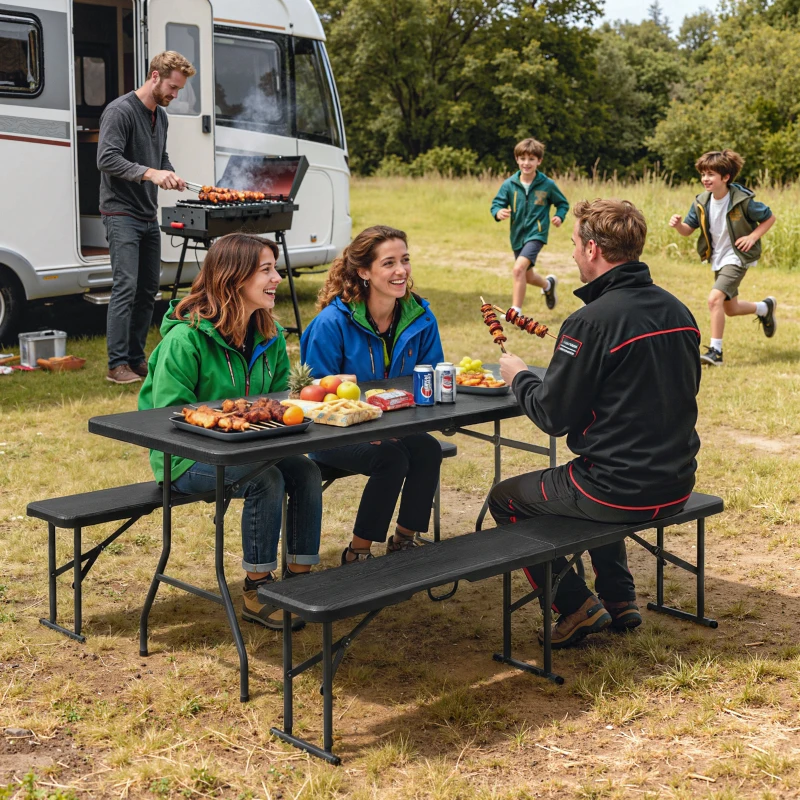 Outsunny Ensemble table pliante et bancs de pique-nique 180 cm avec poignées de transport, noir