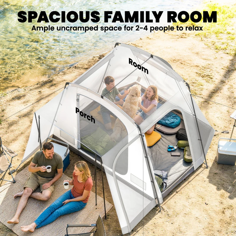 Outsunny Achtertent voor 2-4 personen, 320 x 280 x 205 cm 2-in-1 autotent waterdicht tunneltent met 4 deuren, raam en grondzeil