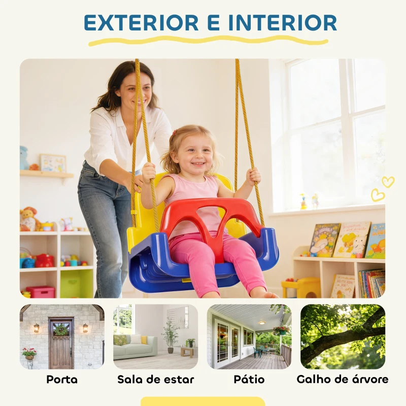 Outsunny Balanço Infantil 3 em 1 para Interior e Exterior Corda Ajustável e Cinto de Segurança Idade 9-36 Meses Azul