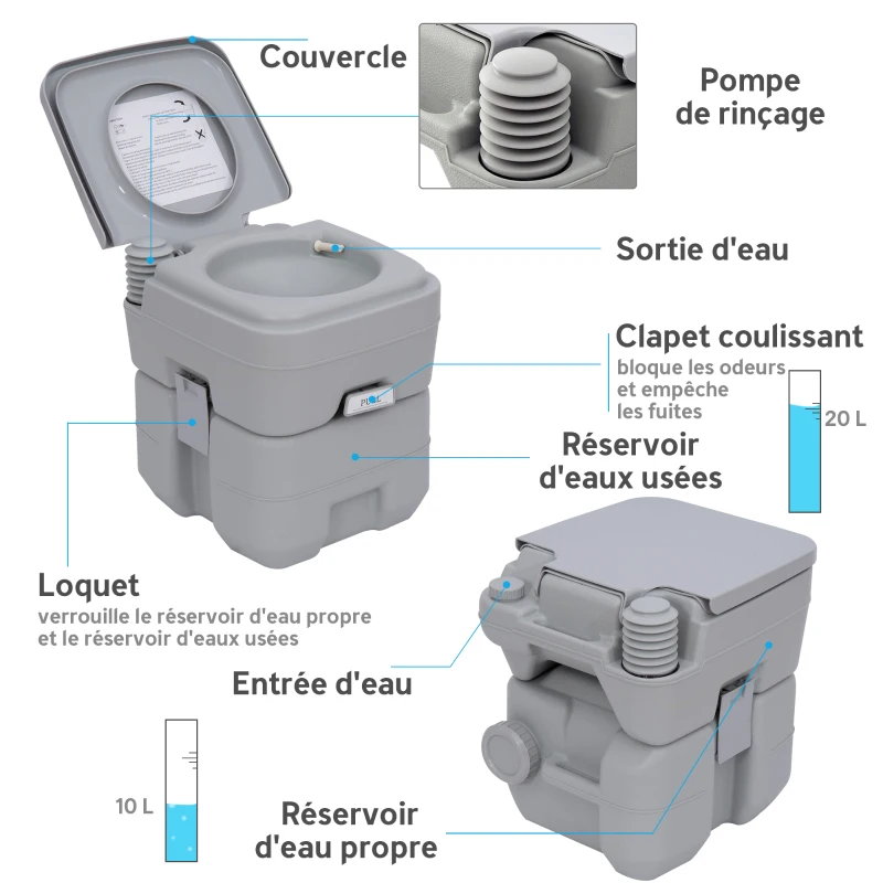 Outsunny Toilette Portable Camping Toilette de camping avec Couvercle et 2 Réservoirs Amovibles, 35,5 × 41 × 42,5 cm, gris