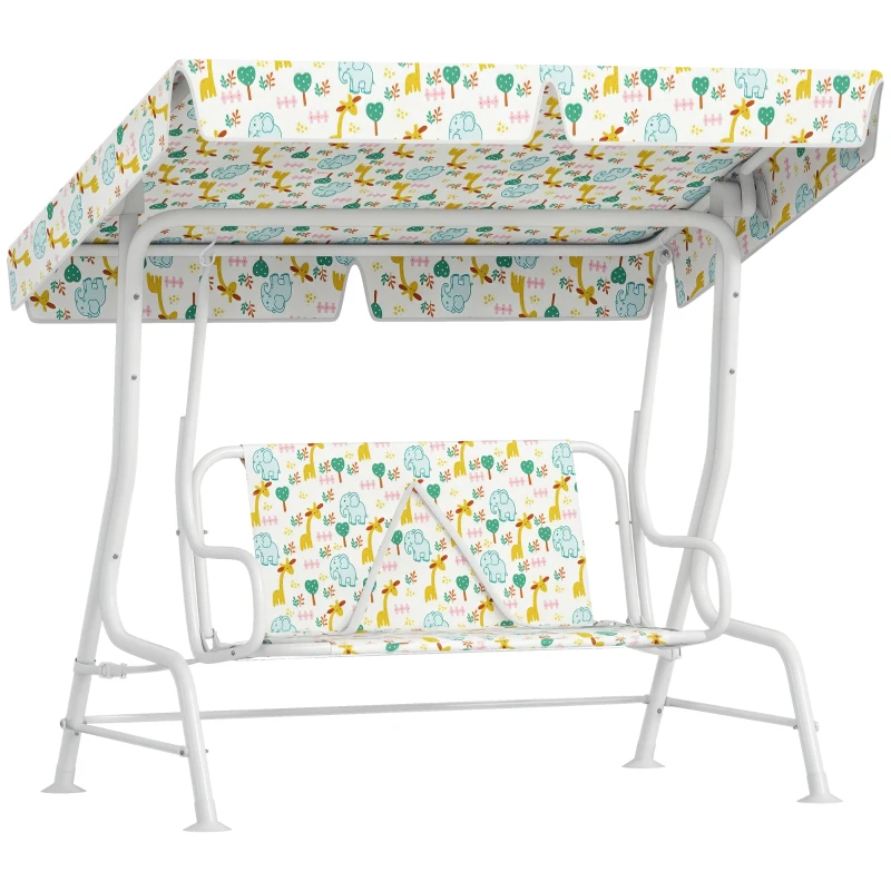 AIYAPLAY Kids Garden Swing Chair with Adjustable Canopy, Safety Belt, 2 Seater Hammock Swing Bench for Patio, Porch, White