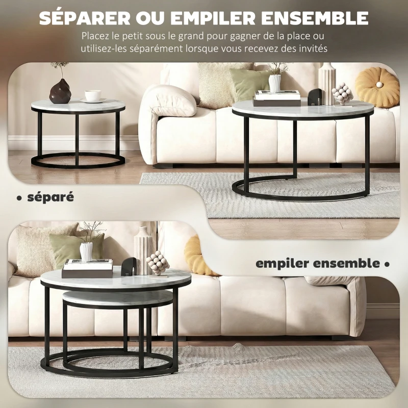 HOMCOM Lot de 2 tables basses gigognes empilable design industriel pieds en métal blanc