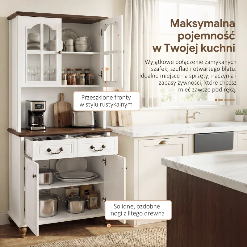 HOMCOM Szafka kuchenna z 2 szufladami, wysoki szafką z otwartą półką, szafka z witryną i funkcją Soft-Close do salonu, kuchni, 76 x 38 x 182 cm, biały(m-5)