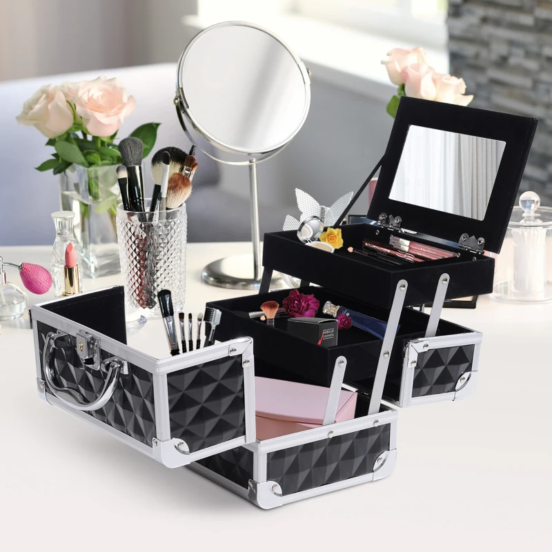 HOMCOM Mallette à maquillage rangement à 3 niveaux avec miroir verrouillage avec 2 clés dim. 20L x 15l x 15H cm noir