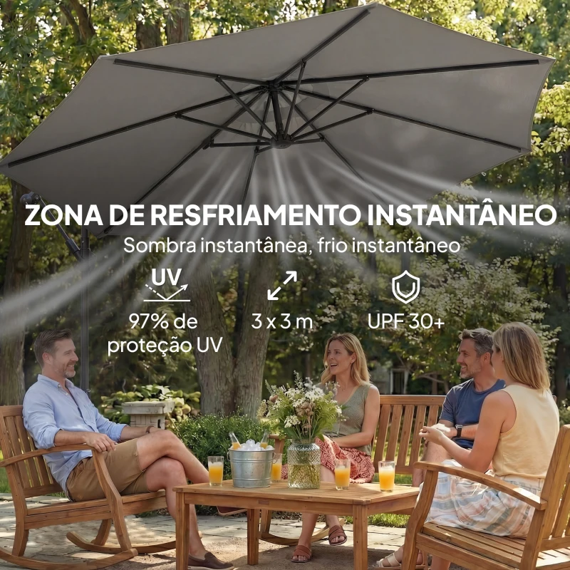 Outsunny Chapéu de Sol Excêntrico Ø300 cm com Base Cruzada Toldo Ajustável e Manivela UPF30+ para Terraço Jardim Cinzento