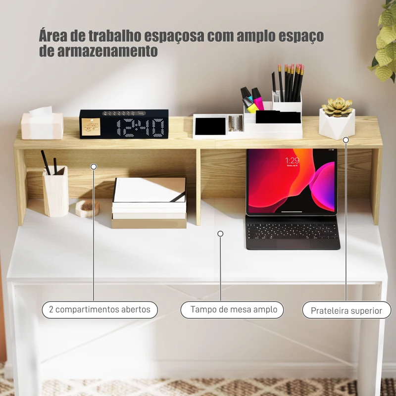 HOMCOM Secretária 110x50x102,6 cm Mesa de Escritório com 2 Compartimentos Abertos e Prateleira Branco e Madeira