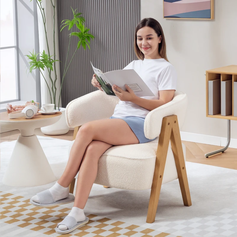 HOMCOM Modern Tub Chair, Sherpa Fleece Accent Chair, Upholstered Armchair with Solid Wood Legs and Steel Frame for Living Room Bedroom, White