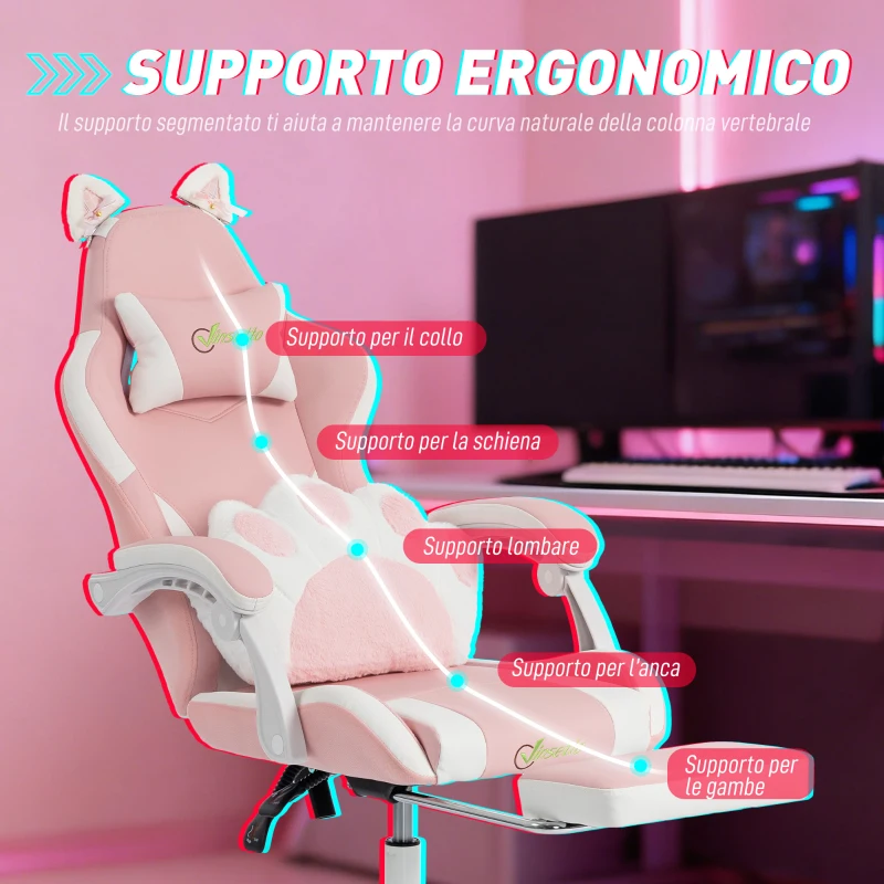 Vinsetto Sedia Gaming Poltrona Gaming Ergonomica Reclinabile Poggiapiedi Rosa