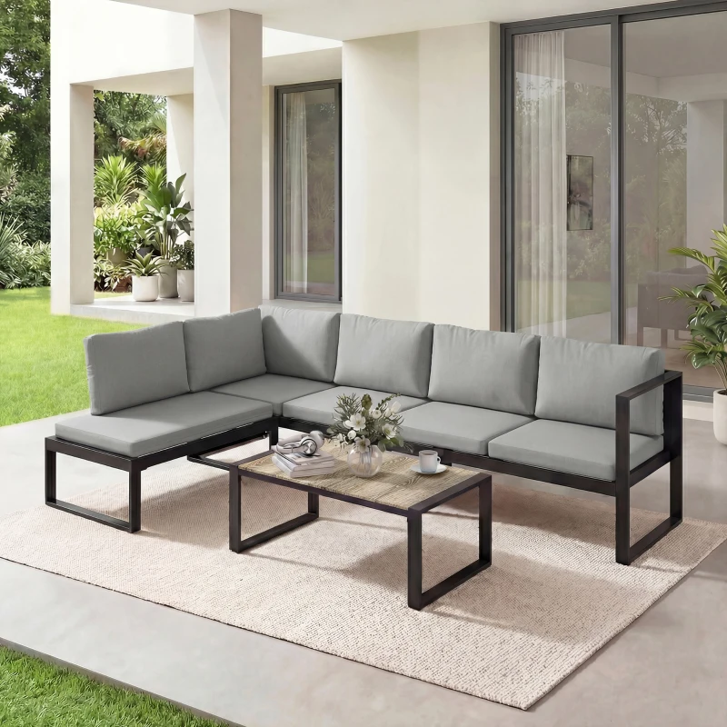 Outsunny Salotto da giardino angolare per 5 persone con 2 divani e tavolino, Grigio