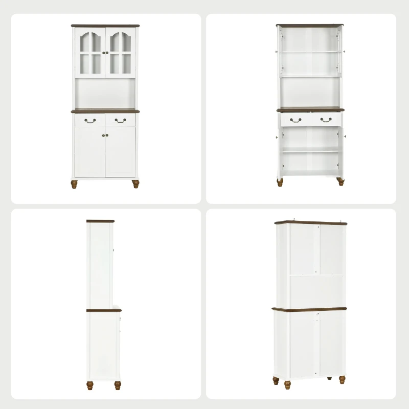 HOMCOM Szafka kuchenna z 2 szufladami, wysoki szafką z otwartą półką, szafka z witryną i funkcją Soft-Close do salonu, kuchni, 76 x 38 x 182 cm, biały(m-18)