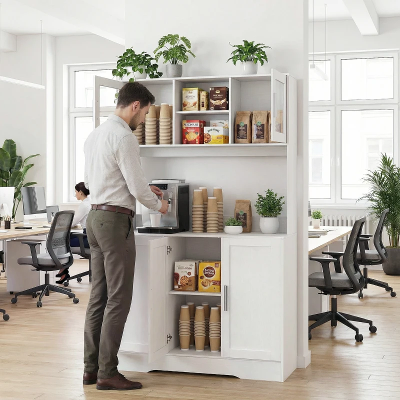 HOMCOM Szafka kuchenna, Design skandynawski, 4 szafki, Regulowane półki, Drzwi ze szkła, Otwarta przestrzeń, Płyta wiórowa, MDF, Biały(m-13)