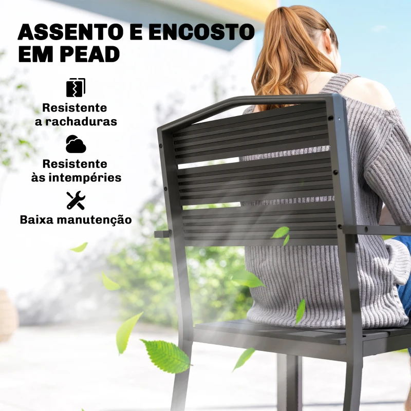 Outsunny Conjunto de 4 Cadeiras de Jardim Empilháveis para Exterior com Apoios de Braços Encosto e Assento Estrutura Metálica 52x51x90 cm Preto