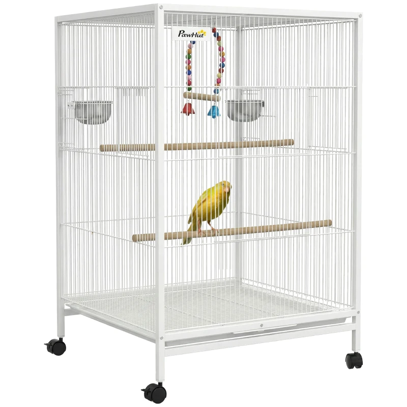 PawHut Jaula para Pájaros con Ruedas con Comederos Perchas Columpio y Bandeja Extraíble 48x46x78 cm Blanco