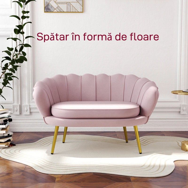 HOMCOM Canapea de 2 Locuri cu Brațe, Canapea Modernă cu Șezut Căptușit pentru Dormitor și Sufragerie, 130x77x77 cm, Roz(m-4)