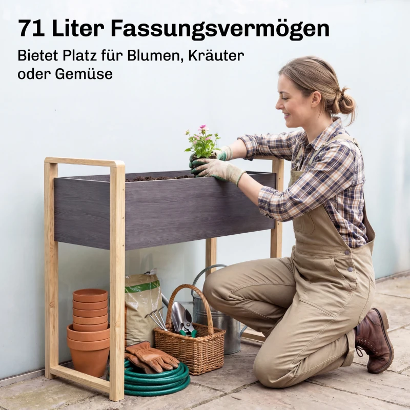 Outsunny Hochbeet Massivholz Pflanzbeet Frühbeet Gartenbeet Blumenkasten für Kletterpflanzen Blumen 98x37x90 cm Grau+Naturholz