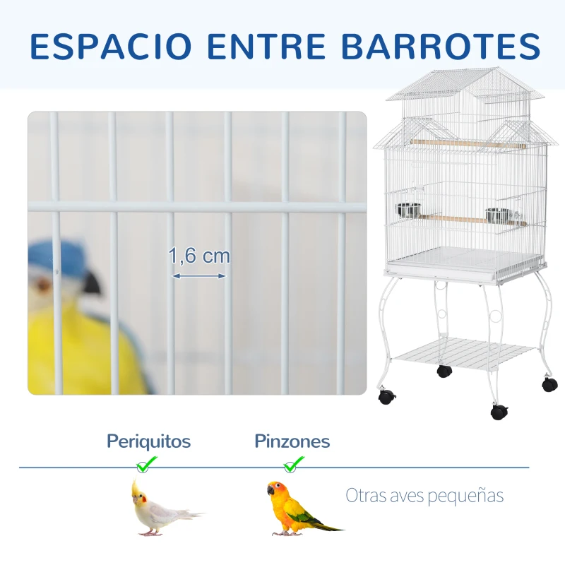 PawHut Jaula para Pájaros con Ruedas Jaula Grande con Soporte y Estante para Cacatúa ninfa Cotorra del Sol 50x49x137 cm Blanco