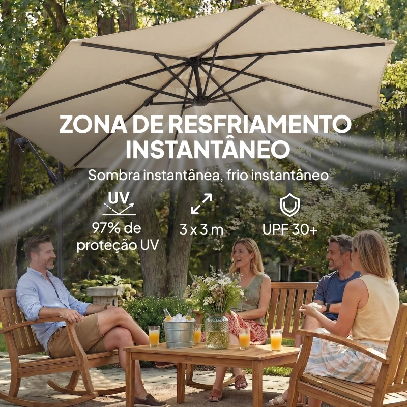 Outsunny Chapéu de Sol Excêntrico Ø300 cm com Base Cruzada Toldo Ajustável e Manivela UPF30+ para Terraço Pátio Creme