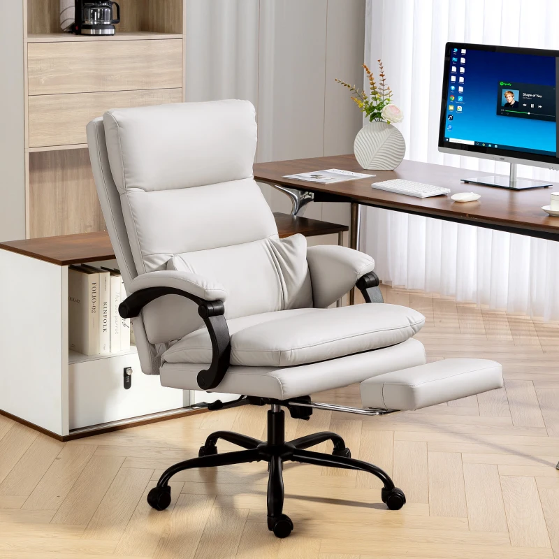 HOMCOM Bureaustoel Hoogteverstelbare bureaustoel met lendensteun, armleuning, voetsteun, van kunstleer, lichtgrijs(m-10)