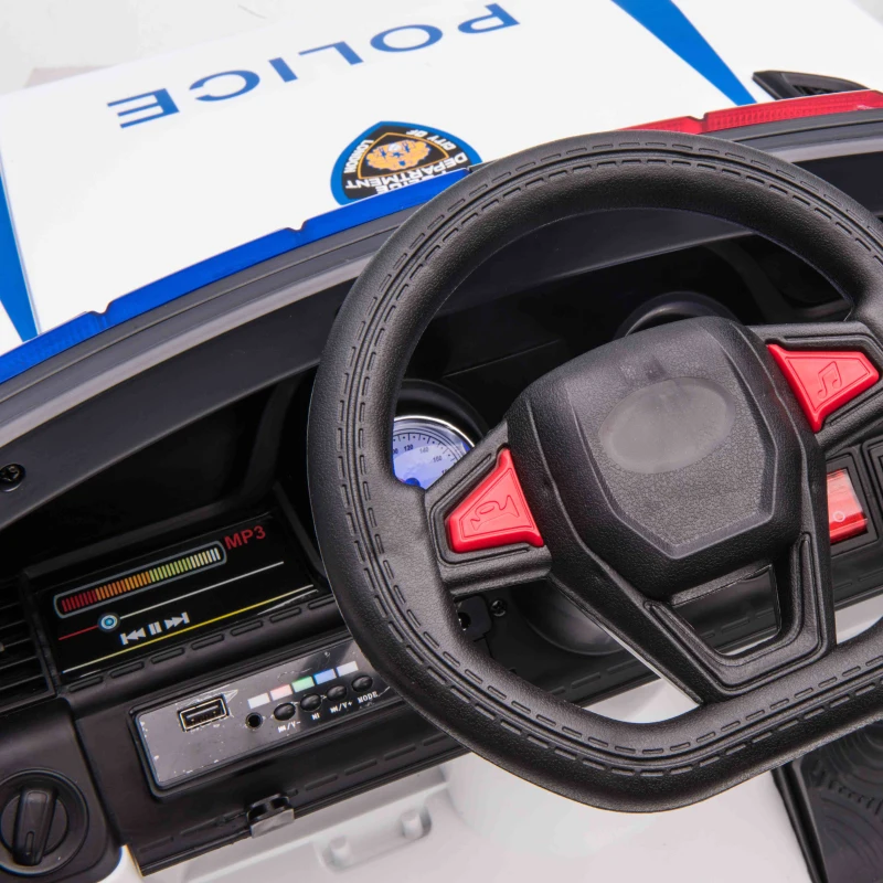 HOMCOM 12V Electric Car for Kids, Ride on Police Car with 2 Motors, Remote Control, Siren Flashing Lights, Suspension, USB, Auxiliary Wheels, Pull handle, for 3-6 Years, White