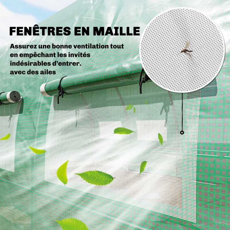Outsunny Serre tunnel de jardin 18m², serre de jardin tunnel avec portes et 12 fenêtres avec moustiquaires, 295x597x200cm, vert